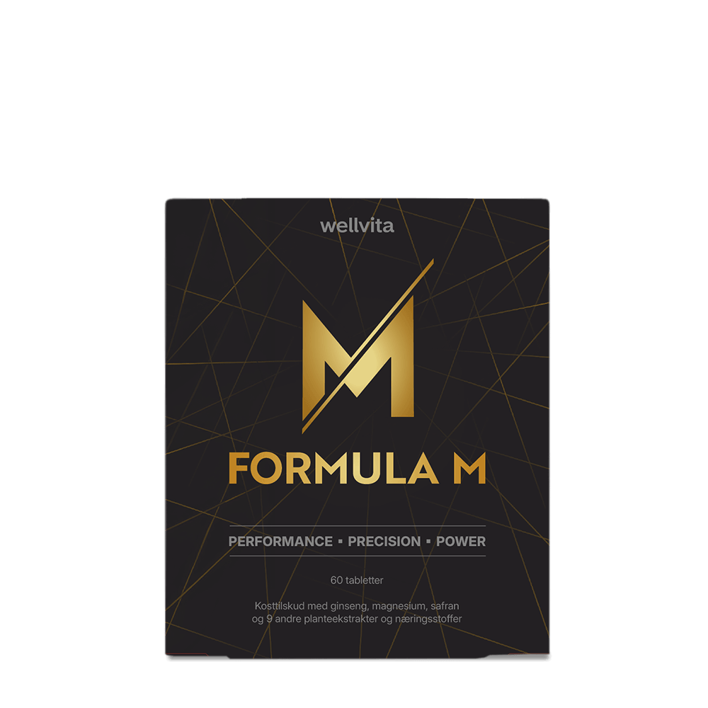A square black product box for wellvita Formula M dietary supplement, featuring a large gold geometric 'M' logo and gold text on a black background with thin gold line patterns.