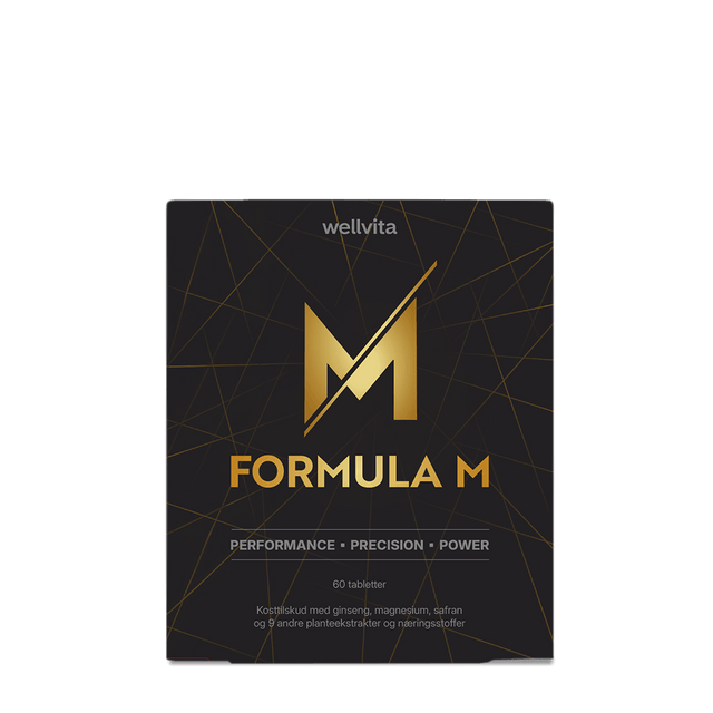 A square black product box for wellvita Formula M dietary supplement, featuring a large gold geometric 'M' logo and gold text on a black background with thin gold line patterns.