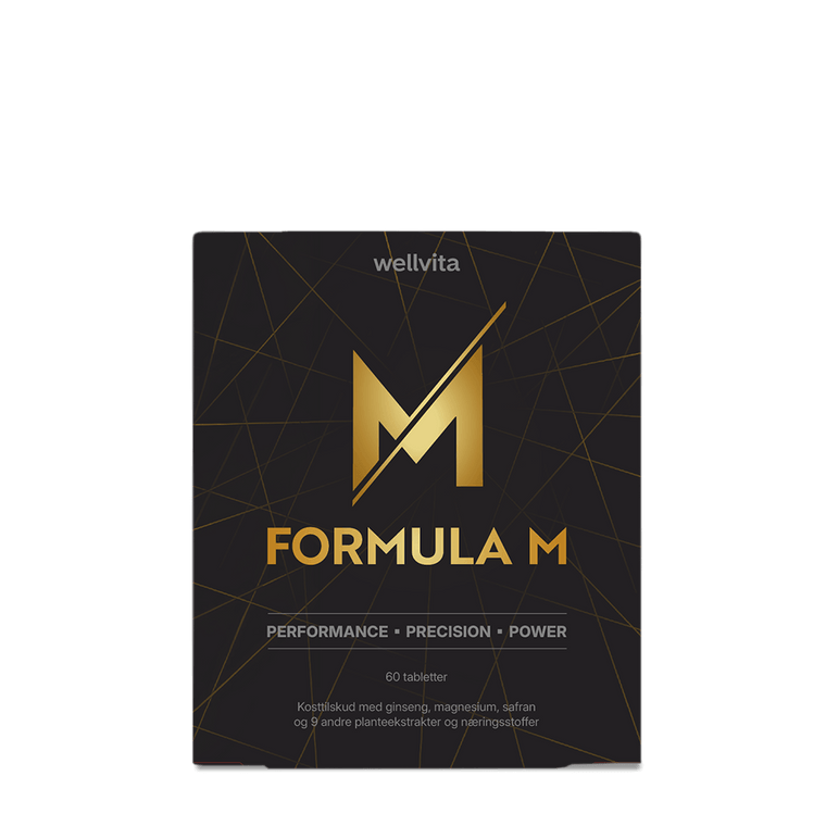 A square black product box for wellvita Formula M dietary supplement, featuring a large gold geometric 'M' logo and gold text on a black background with thin gold line patterns.