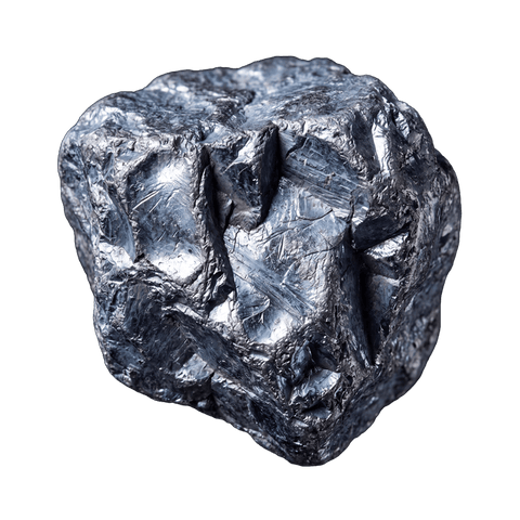A rough, metallic gray rock or ore specimen with a highly textured, reflective surface, isolated on a solid white background.