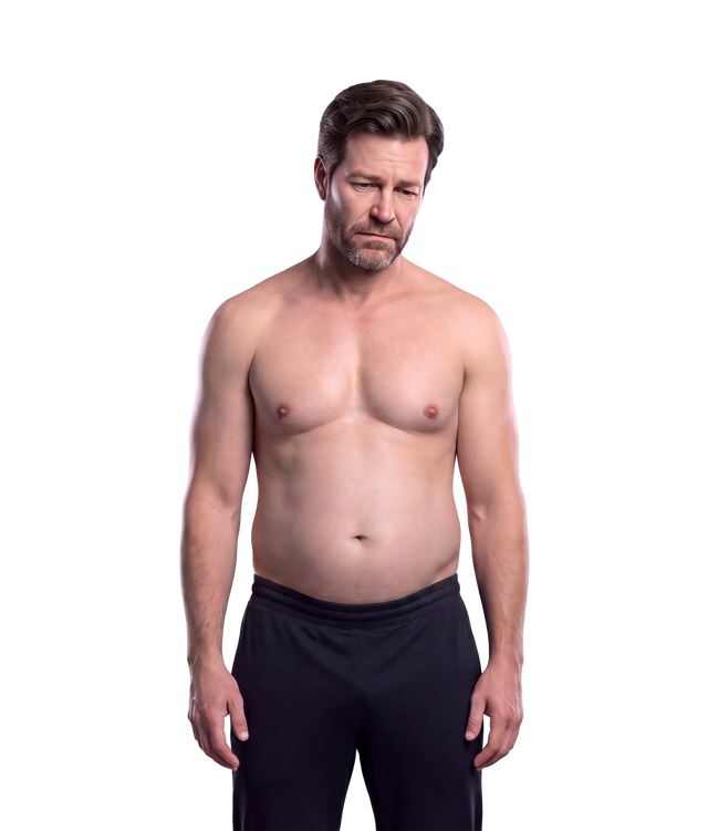 A shirtless man with short brown hair and a trimmed beard stands against a solid white background, wearing black athletic shorts.