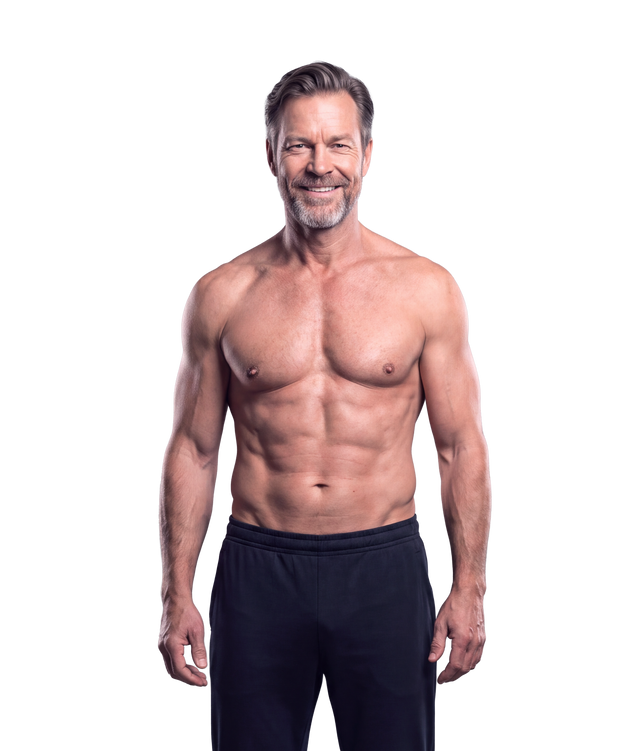 A shirtless, muscular man with a beard stands against a plain white background, wearing dark navy sweatpants.