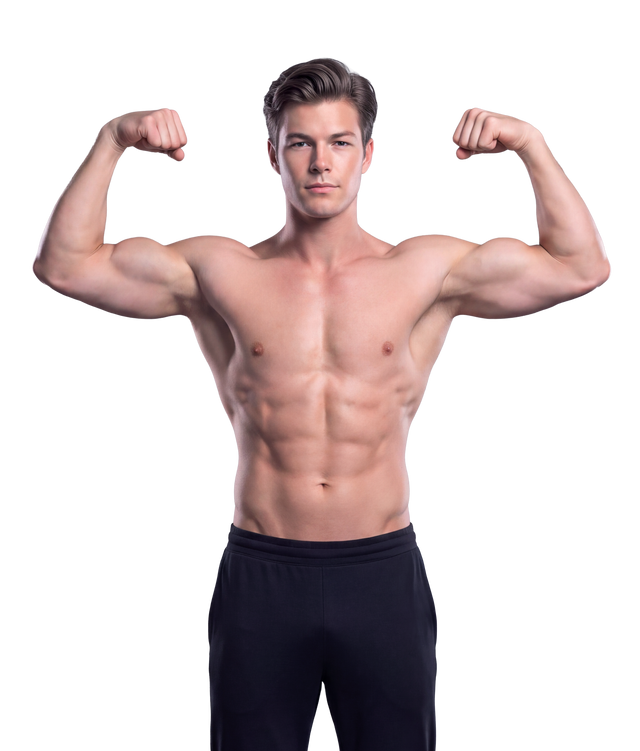 A muscular man posing in a front-facing flexing pose, wearing black athletic pants, isolated on a white background.