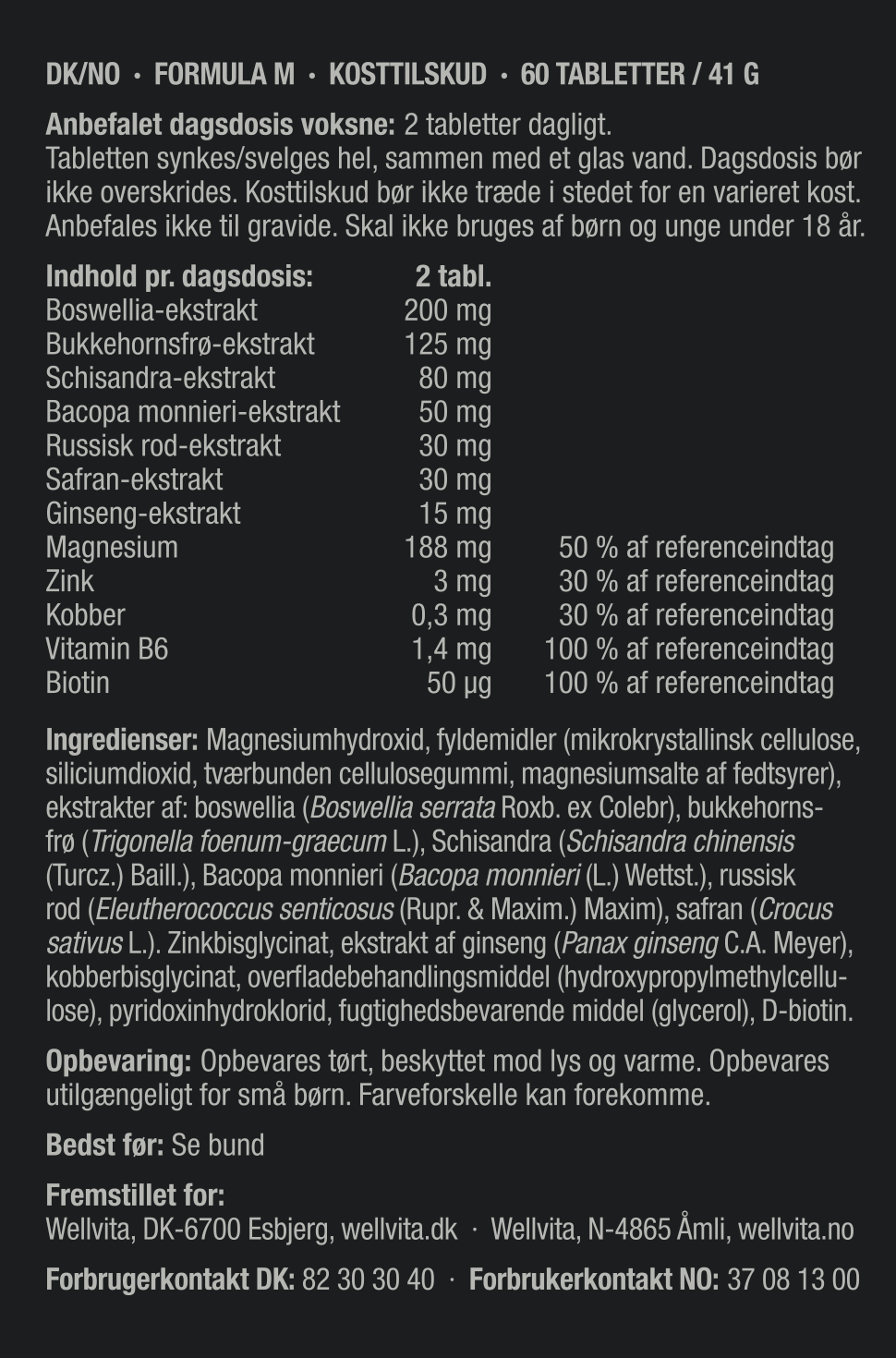 Deklaration fra Formula M-pakken: anbefalet dagsdosis, indhold pr. dagsdosis og ingrediensliste